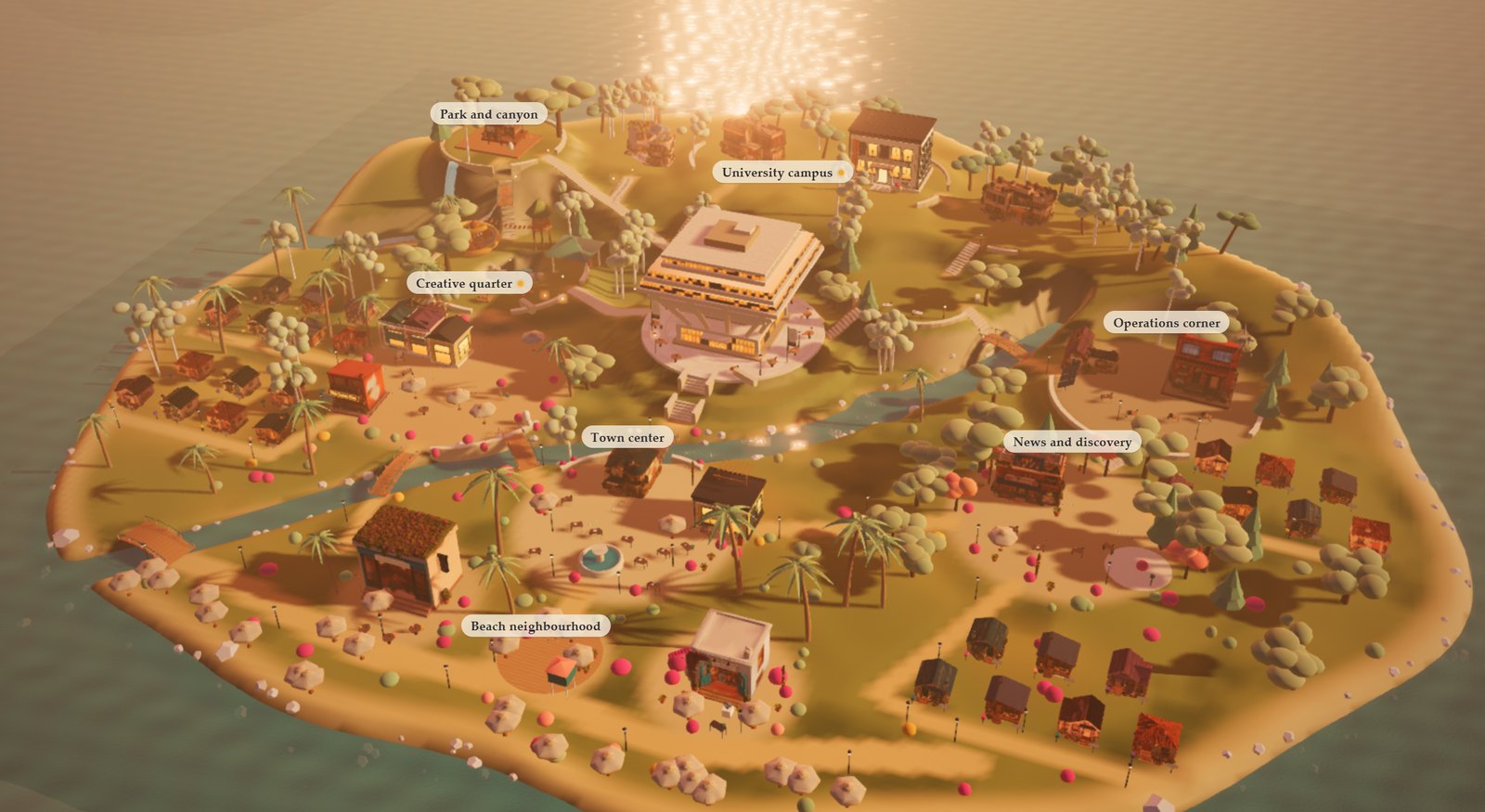 Agent City in 3D: an island town with seven labelled neighbourhoods