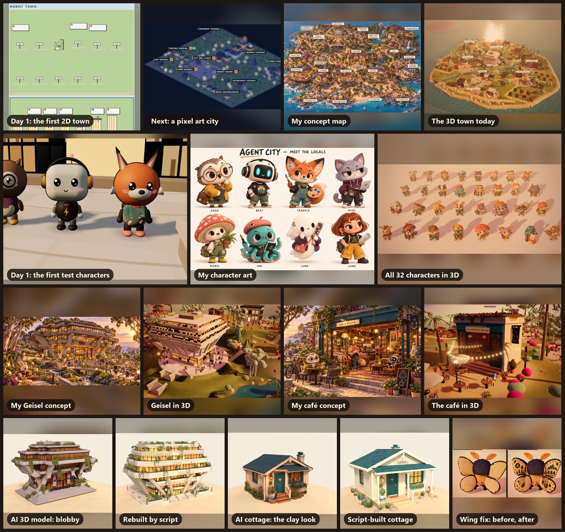 Before and after: the basic 2D town, the pixel city, the concept map and the 3D town; the first test characters, the character concept art and all 32 in 3D; Geisel Library and the café from concept to 3D; generated buildings beside their scripted rebuilds and the moth's wings before and after