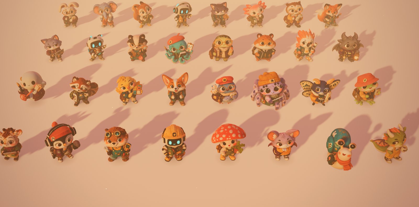 The 32 Agent City characters standing in rows