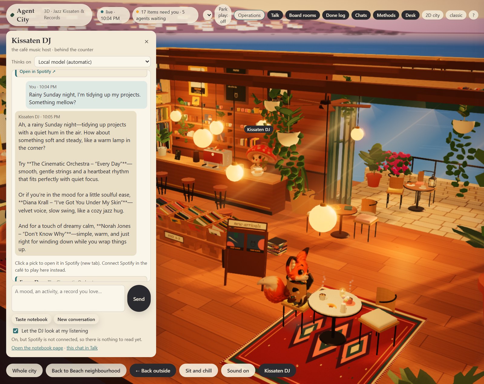 Inside the jazz kissaten: the Kissaten DJ suggests records in a chat panel
