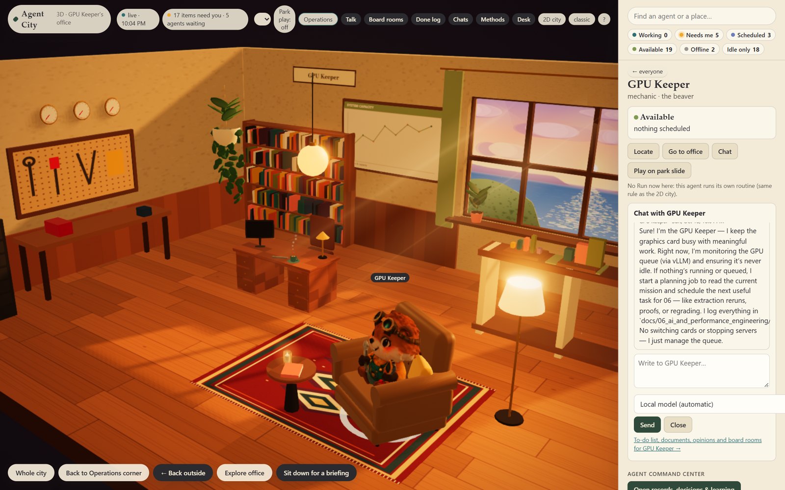 Inside the GPU Keeper's office, with a chat with the agent open beside it