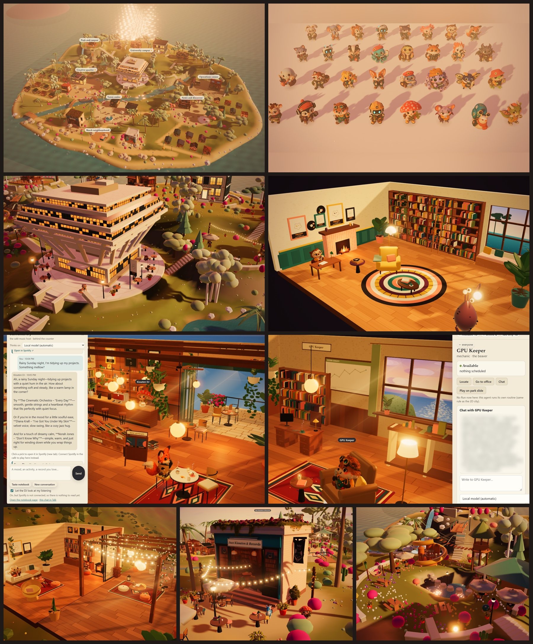 A tour of Agent City: the island map, all 32 characters, Geisel Library, cozy rooms, the jazz café and the park