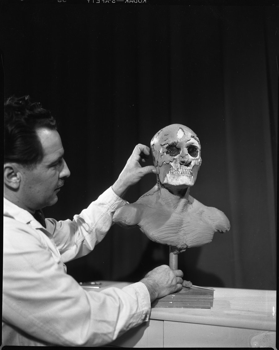 Archival photograph 0000207 — a man in a white coat examining a sculpted bust with a partial skull face, correctly flagged as Human Remains